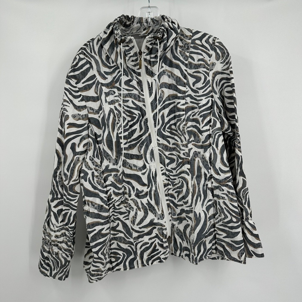 Chicos Womens Zebra Print Zip Up Jacket Size 3 US XL Ruffle Collar Metallic Bold